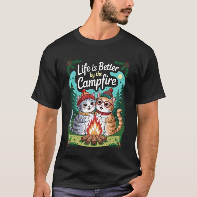 Camiseta A Vida É Melhor Acampando Com Smores Gato Divertid (Frente)