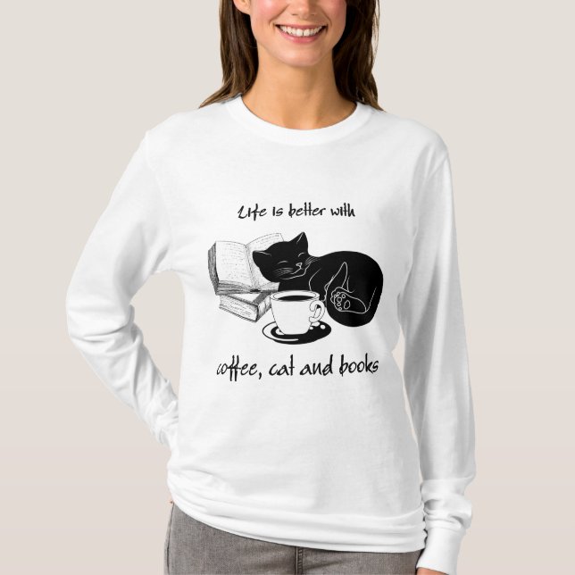 CAMISETA A VIDA É MELHOR COM CAFÉ DE GATO E LIVROS (Frente)