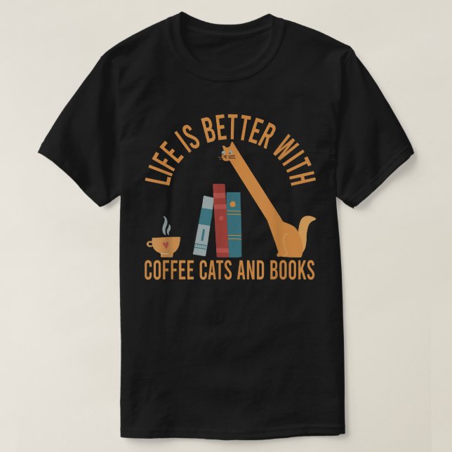 Camiseta A Vida É Melhor Com Café E Livros, Cof De Gato (Frente do Design)