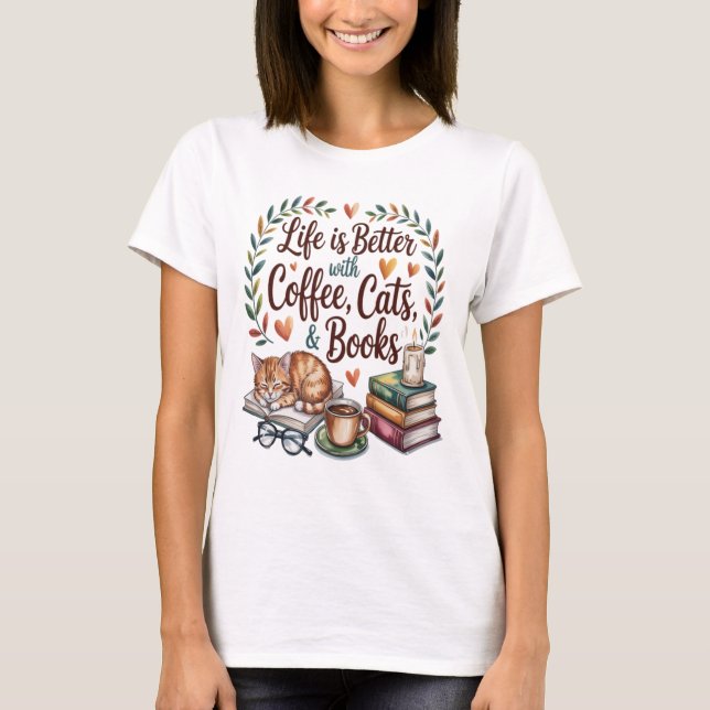 Camiseta A Vida é Melhor com Café Gatos Livros (Frente)
