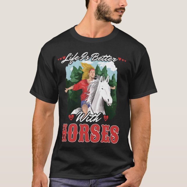 Camiseta A Vida É Melhor Com Cavalos Crianças Meninas Monta (Frente)