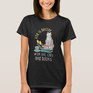 Camiseta A vida é melhor com chá gatos e livros gato engraç