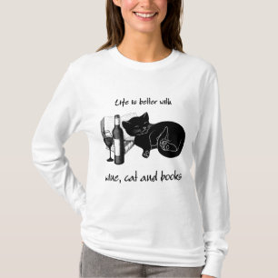 CAMISETA A VIDA É MELHOR COM GATO DE VINHO E LIVROS
