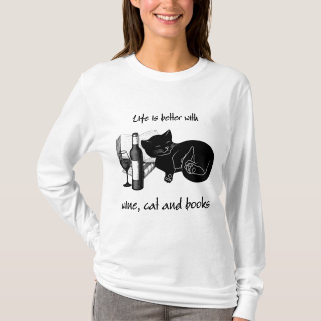 CAMISETA A VIDA É MELHOR COM GATO DE VINHO E LIVROS (Frente)
