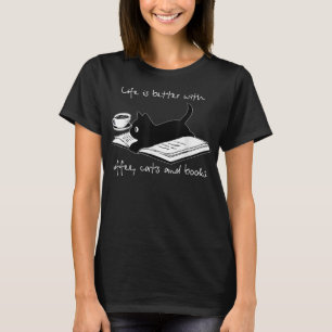 Camiseta A Vida É Melhor Com Gatos De Café E Livros
