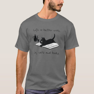 Camiseta A Vida É Melhor Com Gatos De Chá E Livros Engraçad