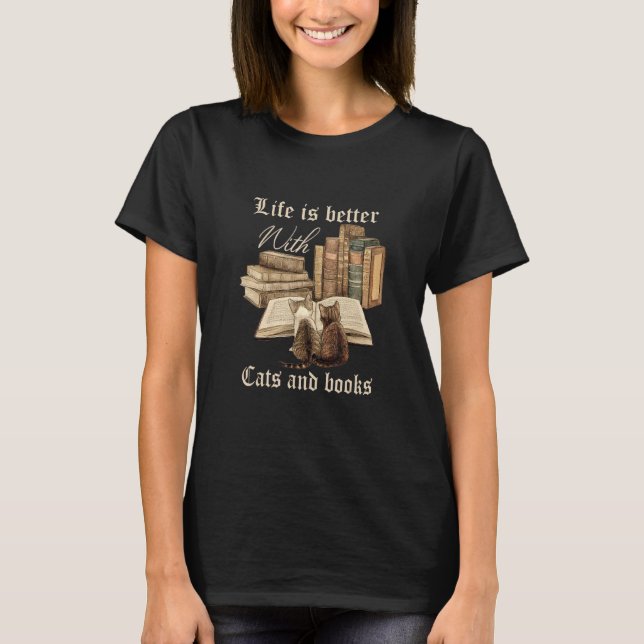 Camiseta A Vida É Melhor Com Gatos E Livros De Pets (Frente)