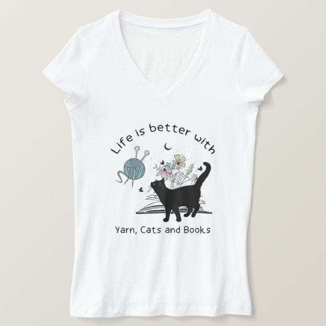 Camiseta A vida é melhor com gatos e livros de Yarn (Frente do Design)