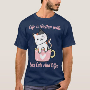 Camiseta A Vida É Melhor Com Livros Gatos E Café Engraçado 
