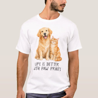 Camiseta A Vida é Melhor Com Marcas de Patas Aquarela Cacho