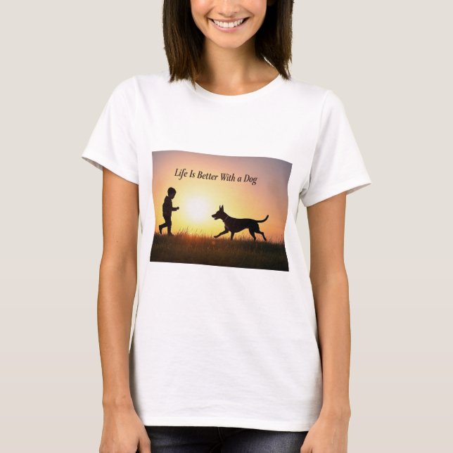 Camiseta A vida é melhor com o cão, o menino e o sol (Frente)