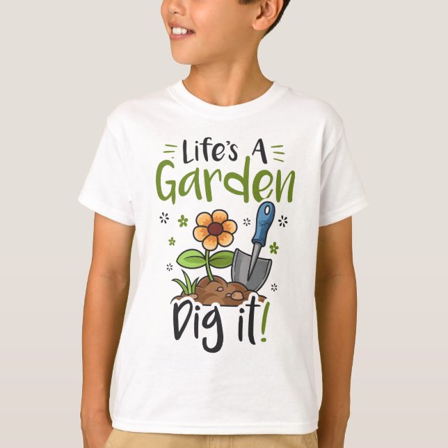 Camiseta A vida é um jardim cavando jardinagem para luz fem (Frente)