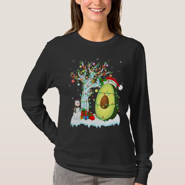Camiseta Abacate Fruta Xmas Tree Lighting Santa Hat Avocado (Frente)