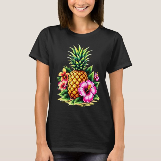 Camiseta Abacaxi E Flor De Hibiscus Hawaii Summer Beach (Frente)