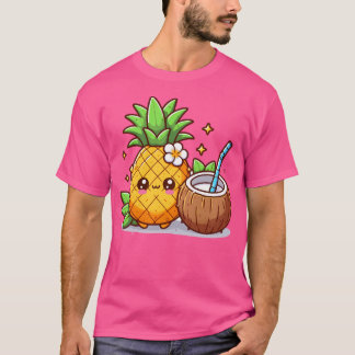 Camiseta Abacaxi Kawaii Com Bebendo De Coco Wat
