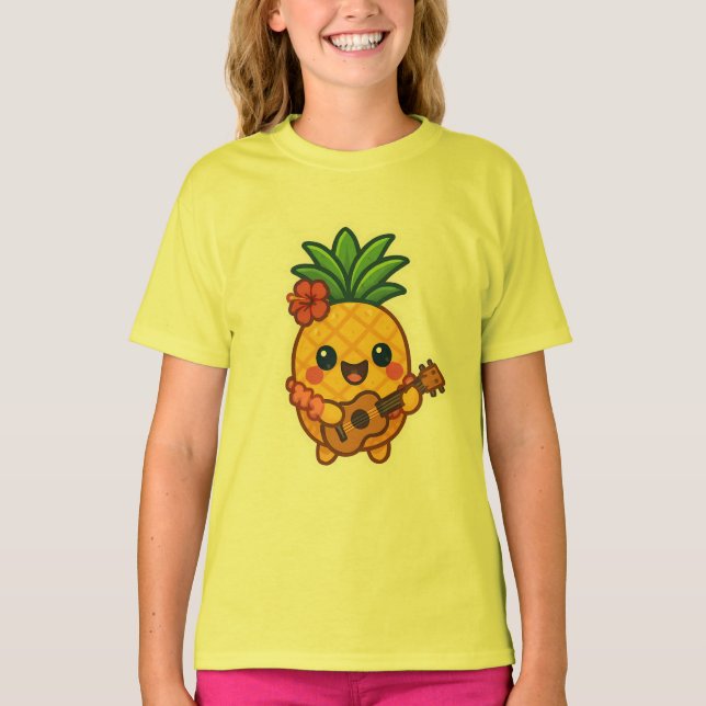 Camiseta Abacaxi Kawaii sorridente - Tropical (Frente)