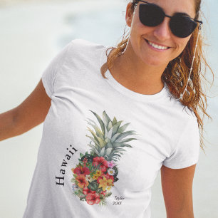 Camiseta Abacaxi tropical do Havaí com flores, nome da famí