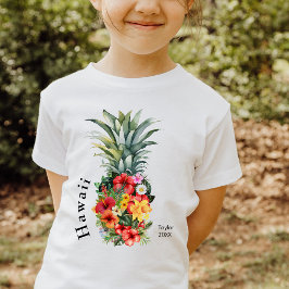 Camiseta Abacaxi tropical do Havaí com flores, nome da famí