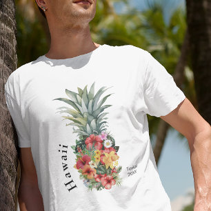 Camiseta Abacaxi tropical do Havaí com flores, nome da famí