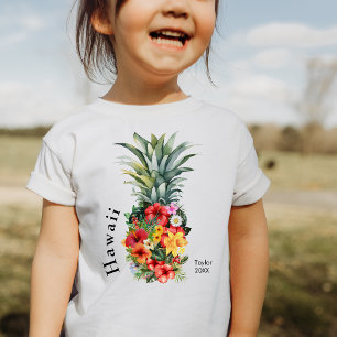 Camiseta Abacaxi tropical do Havaí com flores, nome da famí