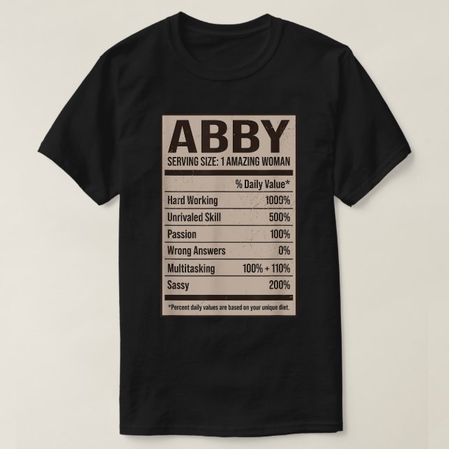 Camiseta Abby Nutrition Facts Name Nickname Alias Title Fri (Frente do Design)