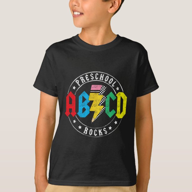 Camiseta Abcd Pré-escola Rocks 1º Dia Pré-k Professor Volta (Frente)