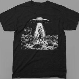 Camiseta Abdução de Gato Alienígena OVNI Xilogravura Retro