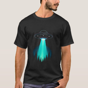 Camiseta Abdução por OVNI de Neon Sobre Floresta de Pinheir