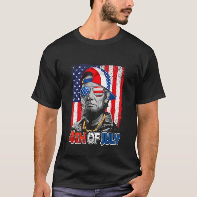 Camiseta Abe Lincoln Beard Óculos Solares Bandeira American (Frente)