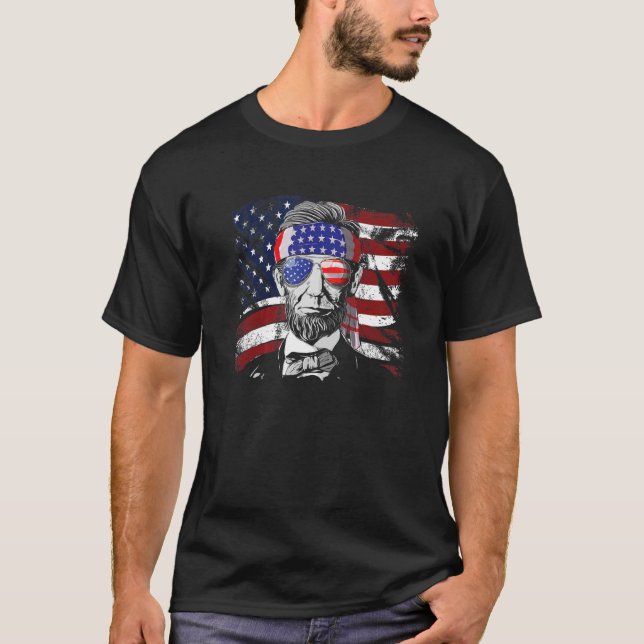 Camiseta Abe Lincoln Óculos De Sol Com Bandeira Americana 4 (Frente)