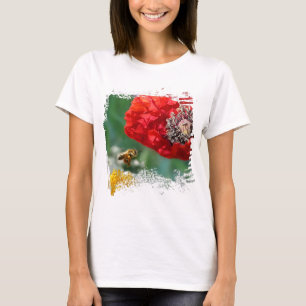 Camiseta Abelha e Papoula Vermelha Natureza Moderna
