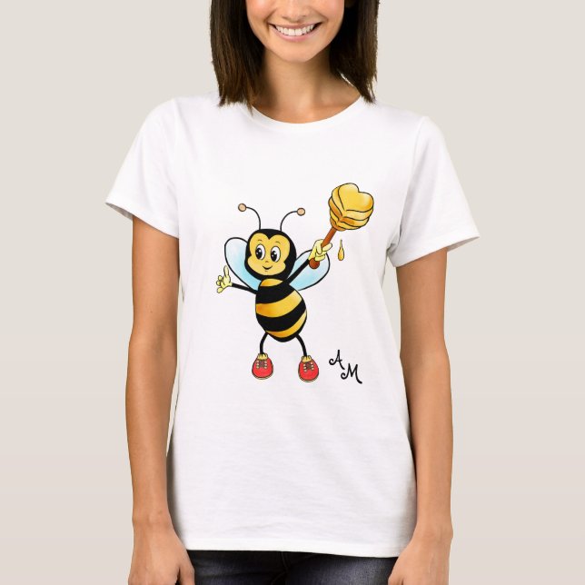 Camiseta Abelha Melífera Fofa com Coração & Monograma (Frente)