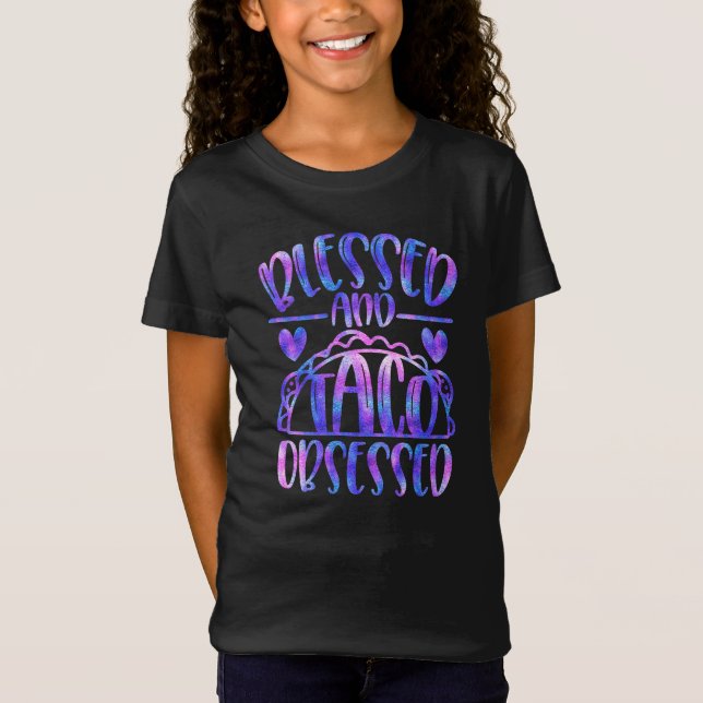 Camiseta Abençoado e Taco obcecou o Iridescente Negra (Frente)