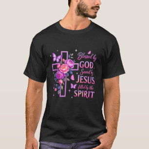 Camiseta Abençoado Por Deus Salvo Pela Cruz Floral Roxal De
