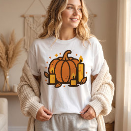 Camiseta Abóbora Aconchegante e Velas Halloween Outono