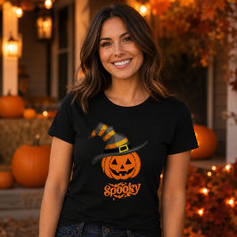 Camiseta Abóbora Assustadora Bonita Chapéu de Bruxa Feminin