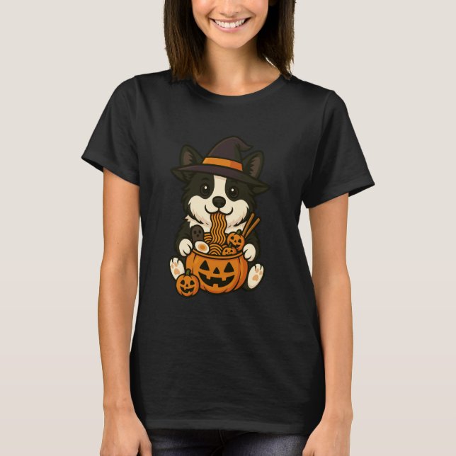 Camiseta Abóbora Assustadora Border Collie Ramen Japonês de (Frente)