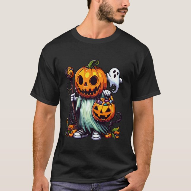 Camiseta Abóbora Assustadora do Halloween Fantasma Saco de  (Frente)