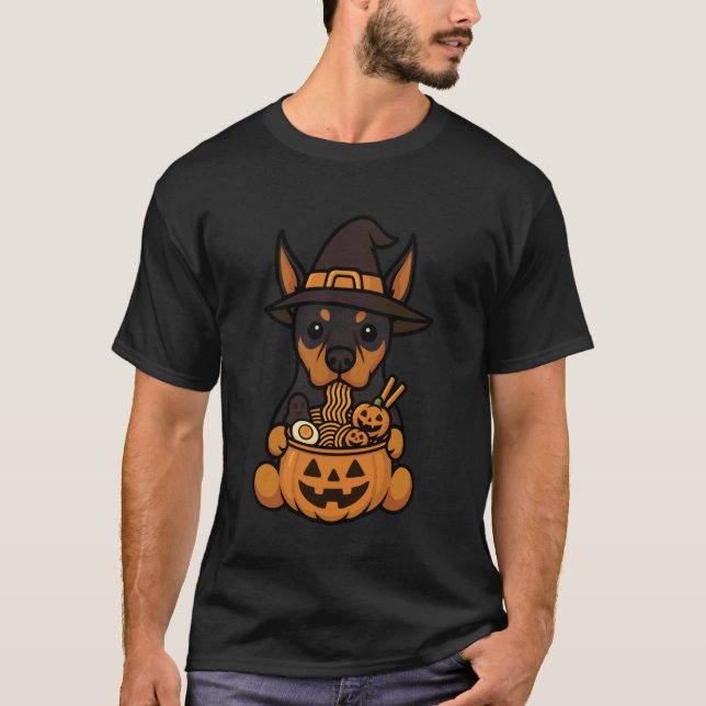 Camiseta Abóbora Assustadora Doberman Pinscher Ramen Japonê (Frente)