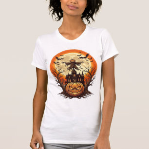Camiseta Abóbora Assustadora Espantalho Casa Assombrada Lua