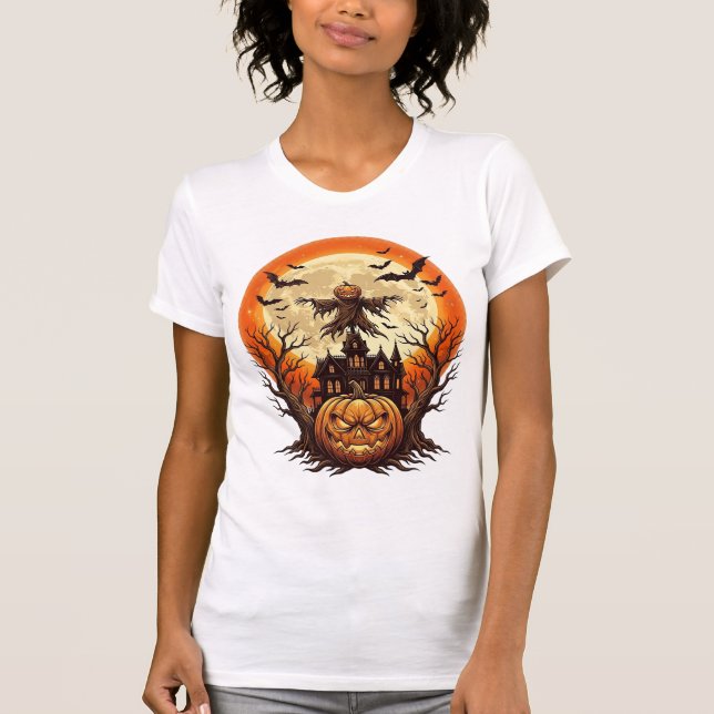 Camiseta Abóbora Assustadora Espantalho Casa Assombrada Lua (Frente)