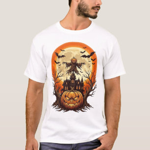 Camiseta Abóbora Assustadora Espantalho Casa Assombrada Lua