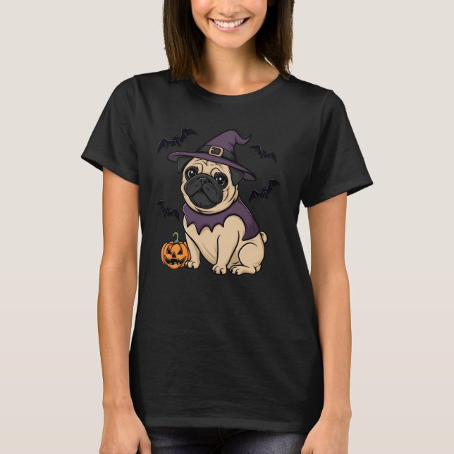 Camiseta Abóbora Assustadora Morcego Bruxa Pug Cães Hallowe (Frente)