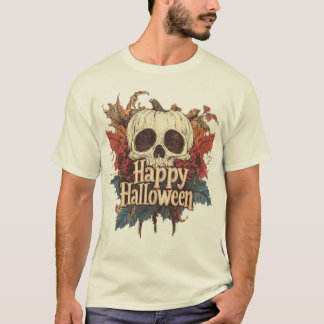Camiseta Abóbora Caveira Branca Assustadora Com Arte de Fol