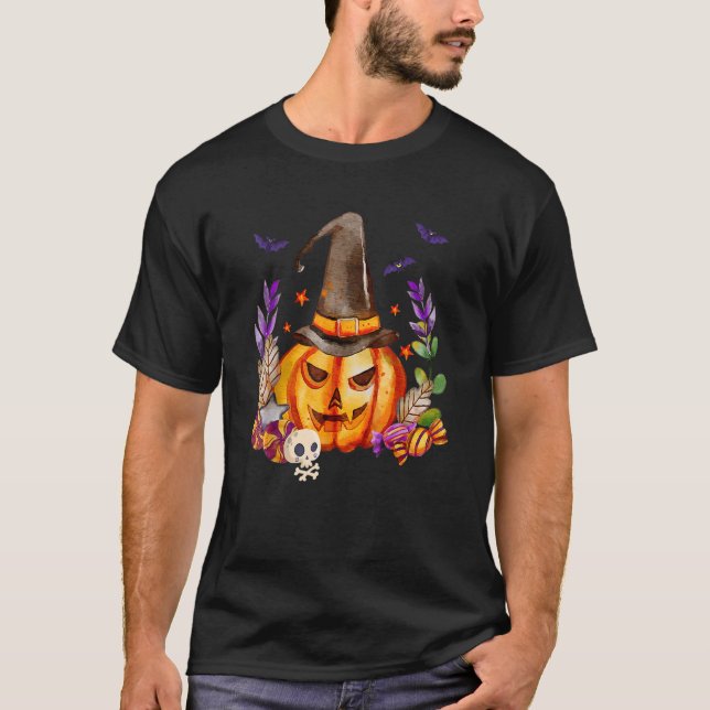 Camiseta Abóbora Com Caveira Chapéu De Bruxa E Morcegos Hal (Frente)