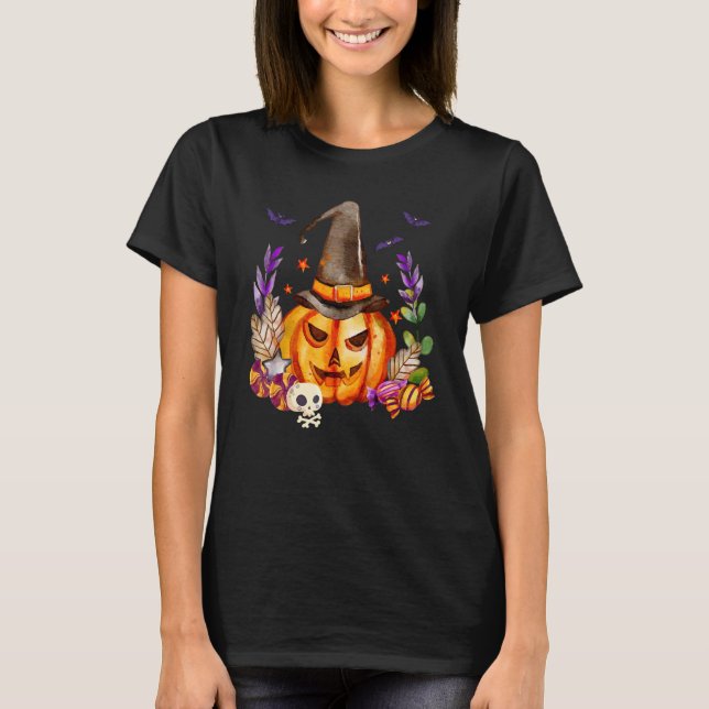 Camiseta Abóbora Com Caveira Chapéu De Bruxa E Morcegos Hal (Frente)