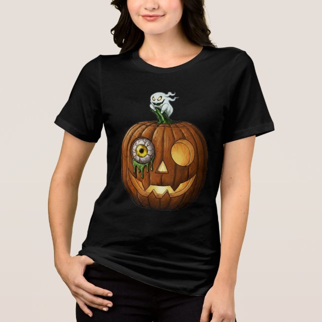 Camiseta Abóbora com Fantasma Assombrado e Olho Pingando (Frente)