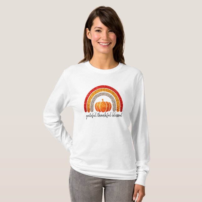 Camiseta Abóbora de Ação de Graças grata, agradecida, abenç (Frente Completa)
