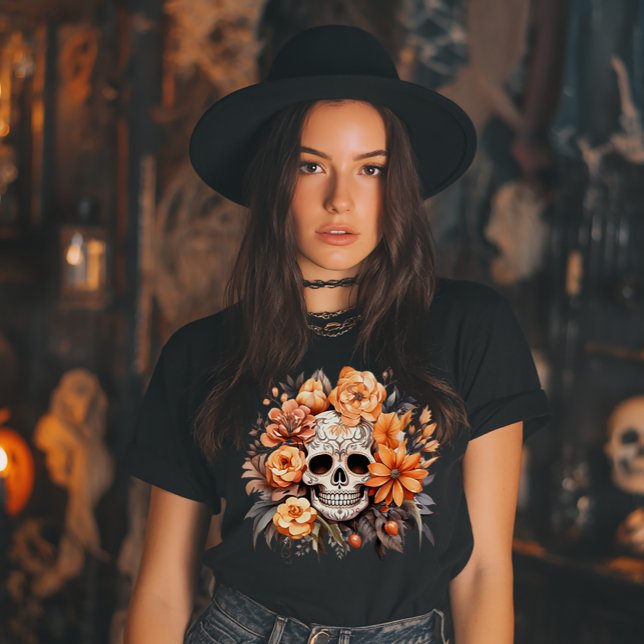 Camiseta Abóbora de Açúcar Vintage do Halloween (Halloween Floral Sugar Skull)