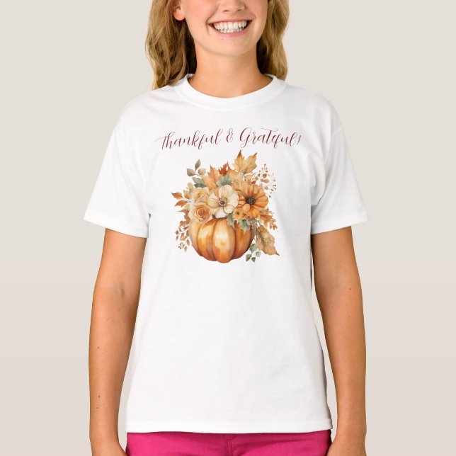 Camiseta Abóbora de Aquarela e Flores - Agradecimentos e Gr (Frente)